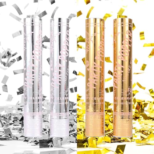 Mineup 4* Konfettikanone, 30cm Konfetti Popper Papier, Party Popper, 5-8m Effekthöhe, Konfetti Shooter, Abbaubar, Confetti Kanone für Geburtstage, Hochzeiten, Karneval, Party(Gold+Silber) von Mineup