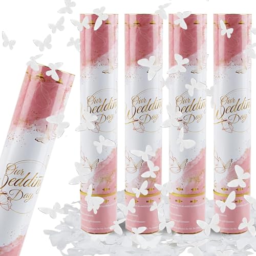 Mineup 4 * Konfettikanone, 3-5 Meter Konfettikanone Hochzeit, 30cm Party Popper, Konfetti-Shooter, Konfetti Kanonen für Geburtstage Hochzeiten Weihnachten Party(Weißer Schmetterling) von Mineup