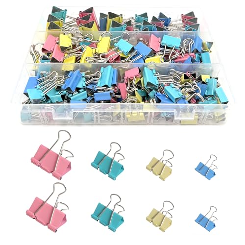 170 Stück Foldback Klammern Bunt 15mm/19mm/25mm/32mm Foldbackklammer Klein Mini Papierklammern Büroklammern Metall Binder Clips Vielzweckklammern für Schule Bürobedarf Briefpapier Notizen von MingFontec