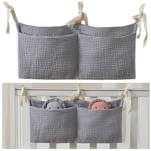 Babybett Organizer,Baby Kinderzimmer Organizer,Kinderzimmer Hängender Bett Organizer,Betttasche Spielzeugtasche zubehör Organizer Beistellbett Baby Für Betten Windeln Kleidung Spielzeug (Grau) von MingFontec