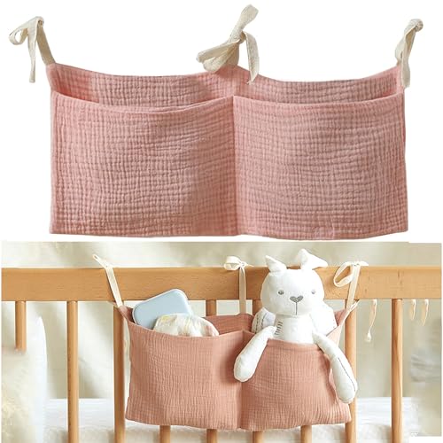 Babybett Organizer,Baby Kinderzimmer Organizer,Kinderzimmer Hängender Bett Organizer,Betttasche Spielzeugtasche zubehör Organizer Beistellbett Baby Für Betten Windeln Kleidung Spielzeug (Rosa) von MingFontec