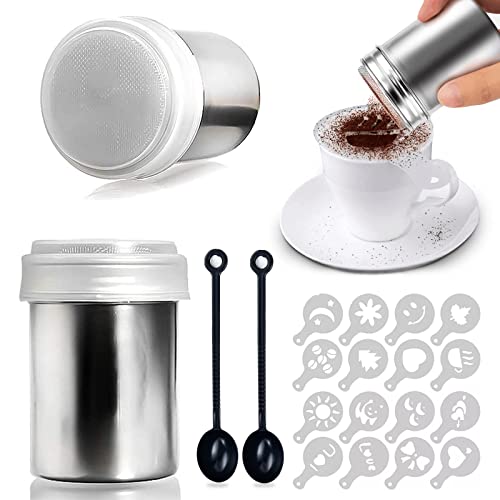 MingZhuInC Powder Sugar Shaker, 2 Stücke Kaffeeschablone, Kakao Streuer 16 Stücke Kaffee Schablonen für Heiße Schokolade Brotdekoration (Mit Messlöffel) von MingZhuInC