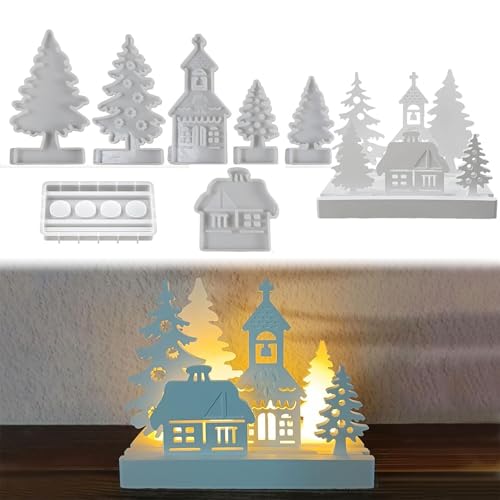 7 Stück Silikonformen Gießformen Weihnachten, Silikonform Häuser & Weihnachtsbaum Gießformen Kerzenhalter Gipsform Silikon Häuser Tannenbaum Gips zum Gießen Giessformen für Gips, Epoxidharz, Handwerk von Minhaxue
