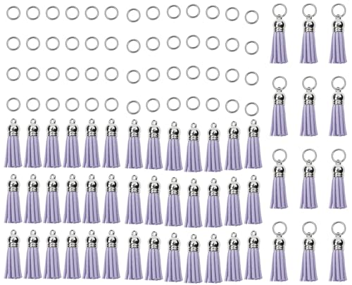 Mini Skater Wildleder-Quasten für Schmuckherstellung, Schlüsselanhänger und DIY Schmuck, 100 Stück, silberfarbene Kappe, Lederbesatz, Fransenquasten mit 100 Biegeringe (Hellviolett) von Mini Skater