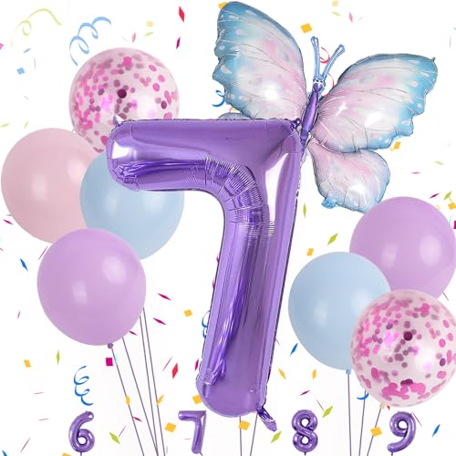 Minicloss Blau Lila Schmetterling mit 7 Jahre Set Blau Lila Geburtstagsdeko Luftballon Schmetterling 7 Schmetterling Zahl Luftballon für Jungen Mädchen Schmetterling Themen Party von Minicloss