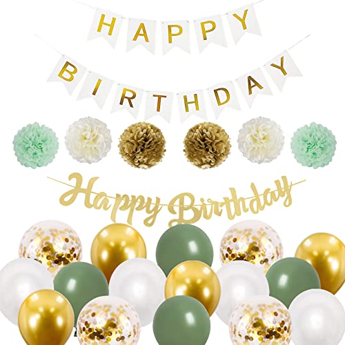 Luftballons Geburtstag Deko Geburtstag Mädchen, goldgrün Geburtstag Party Deko,Geburtstag Girlande Luftballons,Für Männer Happy Birthday Banner Mit Papier Pompons (Blumenzwiebelset in Gold und Grün) von Minicloss