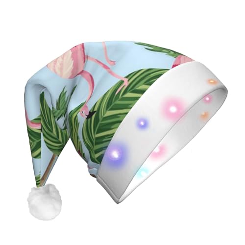 Miniks Weihnachtsmütze mit tropischen Flamingos – beleuchtet, Plüsch-Weihnachtsmütze, lustige Weihnachtsmütze für Urlaubsparty von Miniks