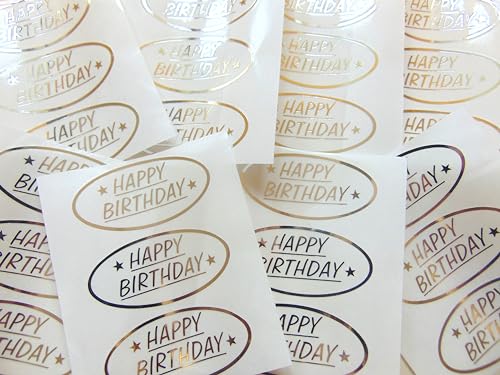 Minilabel Packung mit 24 Happy Birthday-Aufklebern in leuchtendem, glänzendem Gold und glänzendem Silber auf klarem Transparent. Klebeetiketten für Bastelarbeiten, Karten und Dekoration (glänzendes S von Minilabel