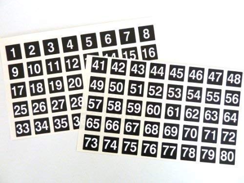 Nummer 1-80 aufeinanderfolgende Set, Weiße Ziffern auf schwarzem 20 x 20 mm, rechteckig, langlebige Plastik-Sticker von Minilabel