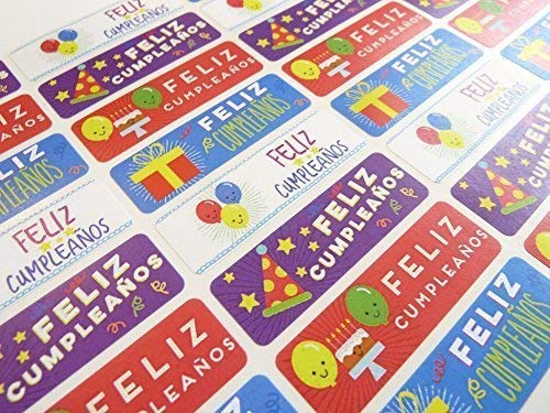 Packung von 32 Feliz Cumpleanos Spanisch Geburtstag Gruß Sticker, Bunt Selbstklebend Etiketten für Karten,Umschlag,Basteln,Deko von Minilabel
