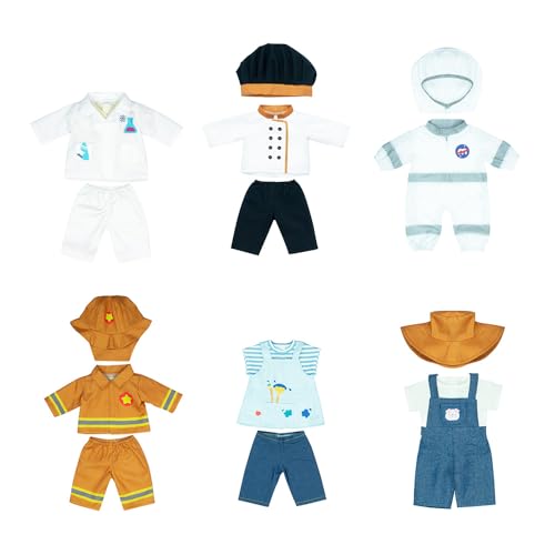 Miniland – Kleidung für 38 cm Puppe, Set mit 6 Berufskostümen (Wissenschaftler + Koch + Astronaut + Künstler + Bauer + Feuerwehr), Rollenspiel-Zubehör für Puppen von Miniland