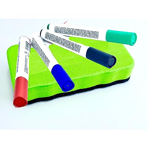 Minis Kreativ 4 Stk Dreikant Whitheboard-Marker 0,8-2,5 mm + Whiteboard Schwamm, Magnetischer Wischer für Trockenreinigung auf vielen Oberflächen- (Pink oder grün, Schwamm + Marker) von Minis Kreativ