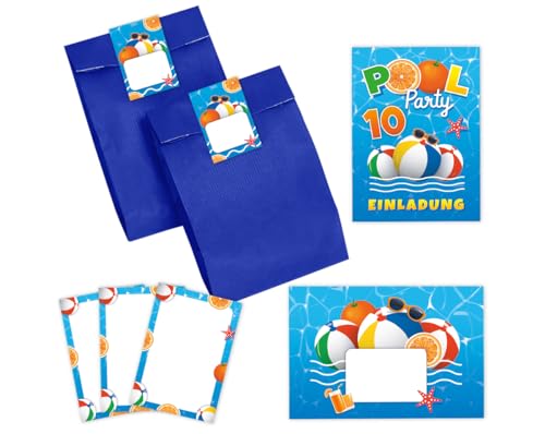 10 Einladungskarten zum 10. Kindergeburtstag Schwimmbad Jungen Mädchen Einladung zehnte Geburtstag incl. 10 Umschläge, 10 Partytüten/blau, 10 Aufkleber, 10 Mini-Notizblöcke von Minkocards
