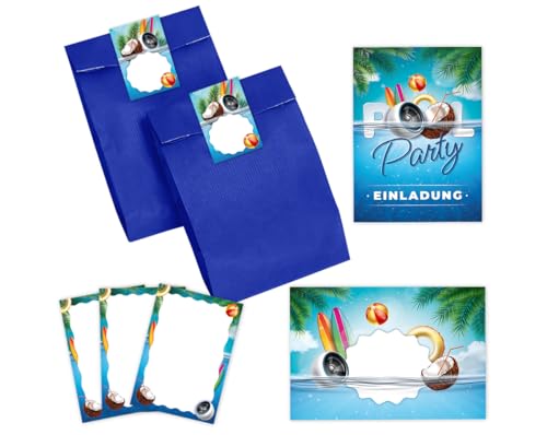 10 Einladungskarten zum Kindergeburtstag Pool-Party Schwimmbad Jungen Mädchen Einladung Mädchengeburtstag Jungsgeburtstag incl. 10 Umschläge, 10 Tüten/blau, 10 Aufkleber, 10 Mini-Notizblöcke von Minkocards