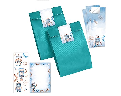 10 Lesezeichen + 10 Notizblöcke + 10 Geschenktüten (petrol) + 10 Aufkleber Roboter Mitgebselset Gastgeschenke für Kindergeburtstag Jungsgeburtstag von Minkocards