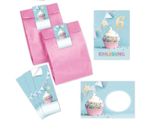 12 Einladungskarten incl. 12 Umschläge zum 6. Kindergeburtstag Mädchen Jungen Muffin Einladungen sechste Geburtstag Mädchengeburtstag Jungsgeburtstag incl. 12 Umschläge, 12 Tüten/rosa, 12 Aufkleber von Minkocards