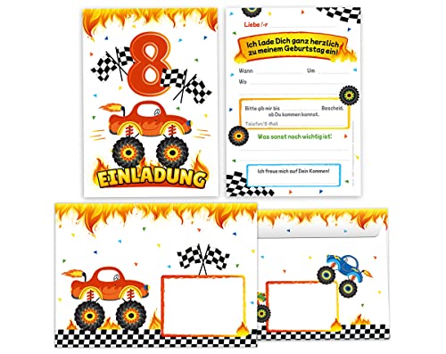 12 Einladungskarten incl. 12 Umschläge zum 8. Kindergeburtstag Jungen Monster-Truck Auto Einladung zum achten Geburtstag Kinder Einladungsset von Minkocards
