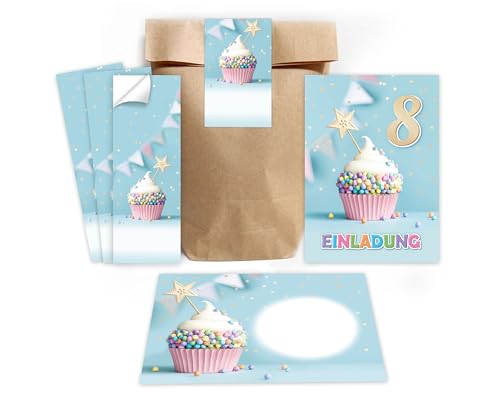 12 Einladungskarten incl. 12 Umschläge zum 8. Kindergeburtstag Mädchen Jungen Muffin Einladungen achte Geburtstag Mädchengeburtstag Jungsgeburtstag incl. 12 Umschläge, 12 Tüten/natur, 12 Aufkleber von Minkocards