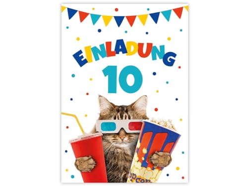 12 Einladungskarten zum 10. Kindergeburtstag Kino Mädchen Jungen Kino-Party Katze coole Einladungen zehnte Geburtstag Mädchengeburtstag Jungengeburtstag von Minkocards