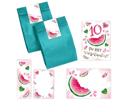 12 Einladungskarten zum 10. Kindergeburtstag Mädchen Wassermelone Einladung zehnte Mädchengeburtstag incl. 12 Umschläge, 12 Partytüten/petrol, 12 Aufkleber, 12 Lesezeichen, 12 Mini-Notizblöcke 12 Einladungskarten zum 10. Kindergeburtstag Mädchen Wassermelone Einladung zehnte Mädchengeburtstag incl. 12 Umschläge, 12 Partytüten/petrol, 12 Aufkleber, 12 Lesezeichen, 12 Mini-Notizblöcke von Minkocards