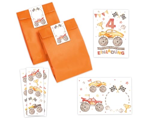 12 Einladungskarten zum 4. Kindergeburtstag Jungen Monster-Truck Auto Einladungen zum vierten Geburtstag incl. 12 Umschläge, 12 Partytüten/orange, 12 Aufkleber, 12 Lesezeichen von Minkocards