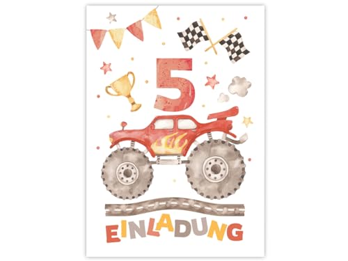 12 Einladungskarten zum 5. Kindergeburtstag Jungen Monster-Truck Auto Einladungen zum fünften Geburtstag Kinder bunte Geburtstagseinladungen von Minkocards