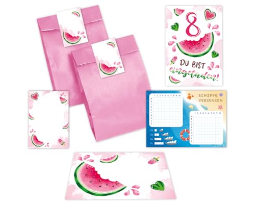 12 Einladungskarten zum 8. Kindergeburtstag Mädchen Wassermelone Einladung achte Mädchengeburtstag incl. 12 Umschläge, 12 Partytüten/rosa, 12 Aufkleber, 12 Mini-Notizblöcke, 12 Schiffe versenken von Minkocards