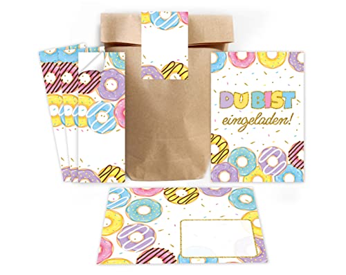 12 Einladungskarten zum Kindergeburtstag Mädchen Jungen Donuts incl. 12 Umschläge, 12 Partytüten/natur, 12 Aufkleber Einladungsset von Minkocards
