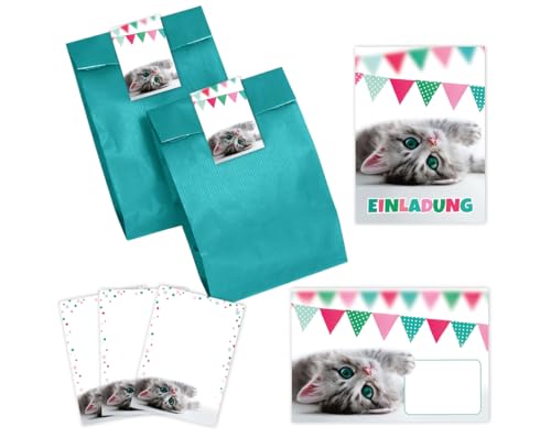 12 Einladungskarten zum Kindergeburtstag Mädchen Jungen Katze coole bunte Einladung Geburtstag Kinder incl. 12 Umschläge, 12 Partytüten/petrol, 12 Aufkleber, 12 Mini-Notizblöcke von Minkocards