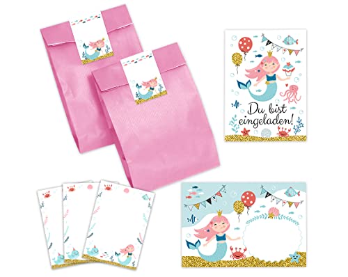 12 Einladungskarten zum Kindergeburtstag Mädchen Meerjungfrau incl. 12 Umschläge, 12 Partytüten/rosa, 12 Aufkleber, 12 Mini-Notizblöcke Einladungsset von Minkocards