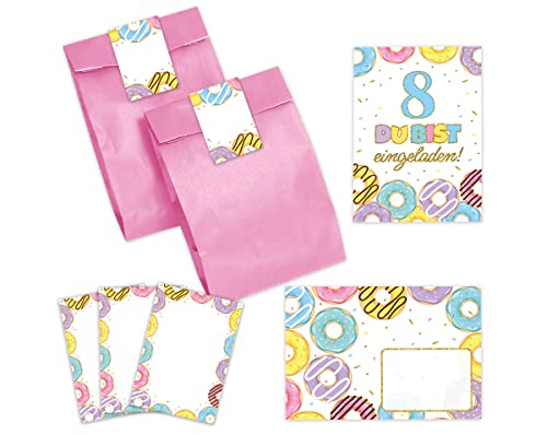 12 Einladungskarten zum achten Kindergeburtstag 8. Geburtstag Mädchen Donuts incl. 12 Umschläge, 12 Partytüten/rosa, 12 Aufkleber, 12 Mini-Notizblöcke Einladungsset von Minkocards