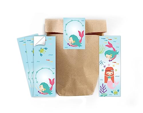 12 Lesezeichen + 12 Geschenktüten (natur) + 12 Aufkleber Meerjungfrau Mitgebselset Gastgeschenke für Kindergeburtstag Mädchengeburtstag von Minkocards