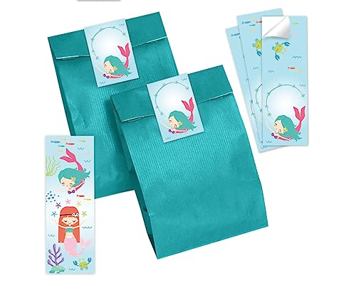 12 Lesezeichen + 12 Geschenktüten (petrol) + 12 Aufkleber Meerjungfrau Mitgebselset Gastgeschenke für Kindergeburtstag Mädchengeburtstag von Minkocards