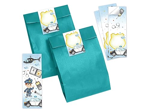 12 Lesezeichen + 12 Geschenktüten (petrol) + 12 Aufkleber Polizei Detektiv Mitgebselset Gastgeschenke für Kindergeburtstag Jungsgeburtstag von Minkocards