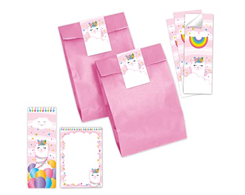 12 Lesezeichen + 12 Notizblöcke + 12 Geschenktüten (rosa) + 12 Aufkleber Lama Mitgebselset Gastgeschenke für Kindergeburtstag Mädchengeburtstag von Minkocards
