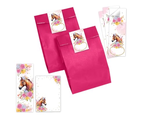 12 Lesezeichen + 12 Notizblöcke + 12 Geschenktüten (rosa) + 12 Aufkleber Pferd Mitgebselset Gastgeschenke für Kindergeburtstag Mädchengeburtstag von Minkocards