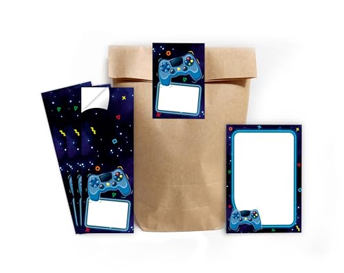 12 Mini-Notizblöcke + 12 Geschenktüten (Natur) + 12 Aufkleber Game Gamer-Party Mitgebsel Mädchen Jungen Gastgeschenke für Kindergeburtstag Jungsgeburtstag Mädchengeburtstag von Minkocards