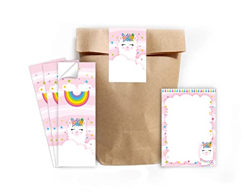 12 Mini-Notizblöcke + 12 Geschenktüten (natur) + 12 Aufkleber Lama Mitgebselset Gastgeschenke für Kindergeburtstag Mädchengeburtstag von Minkocards