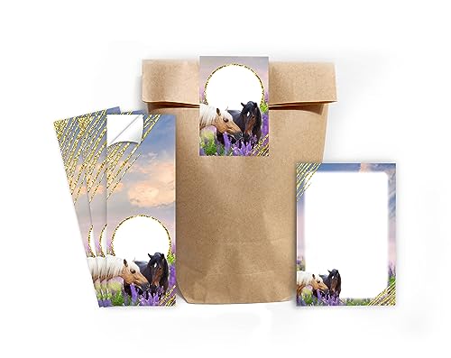 12 Mini-Notizblöcke + 12 Geschenktüten (natur) + 12 Aufkleber zwei Pferde Mitgebselset Gastgeschenke für Kindergeburtstag Mädchengeburtstag von Minkocards
