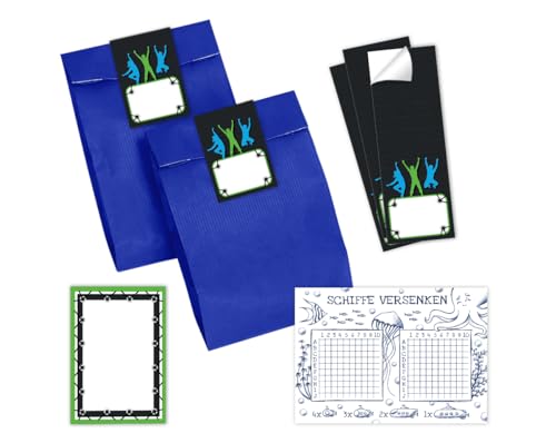12 Schiffe versenken + 12 Blöcke + 12 Geschenktüten (blau) + 12 Aufkleber Jump Mitgebsel für Mädchen Jungen Gastgeschenke für Kindergeburtstag von Minkocards
