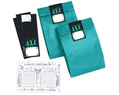 12 Schiffe versenken + 12 Geschenktüten (petrol) + 12 Aufkleber Jump Mitgebsel für Mädchen Jungen Gastgeschenke für Kindergeburtstag von Minkocards