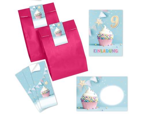 6 Einladungskarten incl. 6 Umschläge zum 9. Kindergeburtstag Mädchen Jungen Muffin Einladungen neunte Geburtstag Mädchengeburtstag Jungsgeburtstag incl. 6 Umschläge, 6 Tüten/pink, 6 Aufkleber von Minkocards