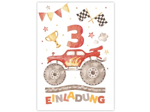 6 Einladungskarten zum 3. Kindergeburtstag Jungen Monster-Truck Auto Jungsgeburtstag Einladung zum dritten Geburtstag Kinder von Minkocards