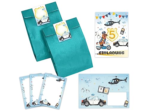 6 Einladungskarten zum 5. Kindergeburtstag Junge Polizei Detektiv Einladung zum fünften Geburtstag incl. 6 Umschläge, 6 Partytüten/petrol, 6 Aufkleber, 6 Mini-Notizblöcke von Minkocards