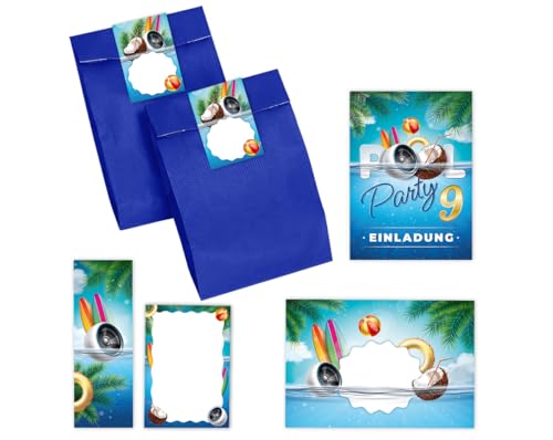 6 Einladungskarten zum 9. Kindergeburtstag Schwimmbad Jungen Mädchen Einladungen neunte Geburtstag incl. 6 Umschläge, 6 Partytüten/blau, 6 Aufkleber, 6 Lesezeichen, 6 Mini-Notizblöcke von Minkocards