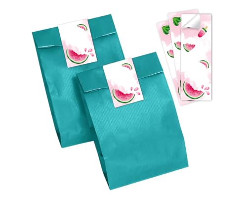 6 Geschenktüten (petrol) + 6 Aufkleber Wassermelone Geschenktüten für Mitgebsel Gastgeschenk einpacken beim Kindergeburtstag Mädchengeburtstag von Minkocards