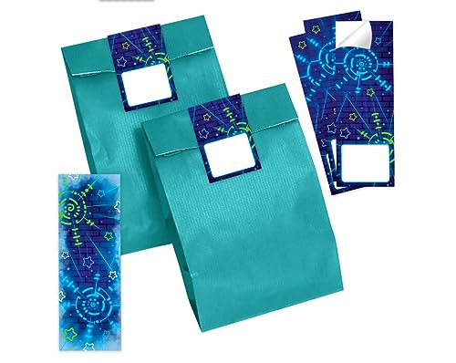 6 Lesezeichen + 6 Geschenktüten (petrol) + 6 Aufkleber Laser Tag Lasertag Mitgebselset Gastgeschenke für Kindergeburtstag Jungen Mädchen von Minkocards
