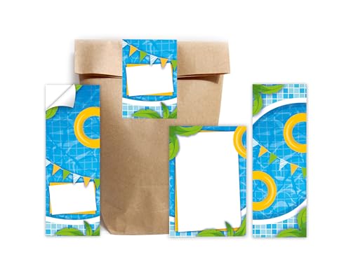 6 Lesezeichen + 6 Notizblöcke + 6 Geschenktüten (natur) + 6 Aufkleber Pool-Party Schwimmbad Mitgebsel für Mädchen Jungen Gastgeschenke für Kindergeburtstag Mädchengeburtstag Jungengeburtstag von Minkocards