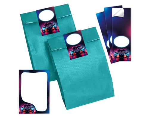 6 Mini-Notizblöcke + 6 Geschenktüten (Petrol) + 6 Aufkleber Rennwagen Auto Mitgebselset Gastgeschenke für Kindergeburtstag Jungsgeburtstag von Minkocards