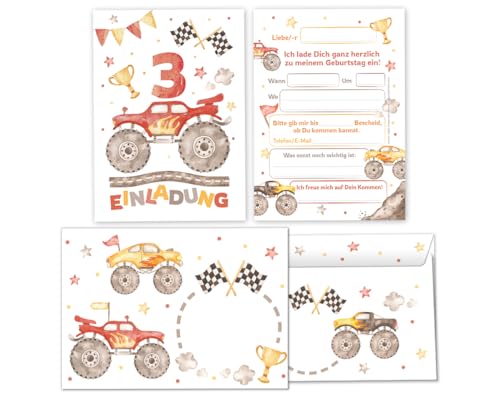 8 Einladungskarten incl. 8 Umschläge zum 3. Kindergeburtstag Jungen Monster-Truck Auto Einladungen zum dritten Geburtstag Kinder Einladungsset von Minkocards